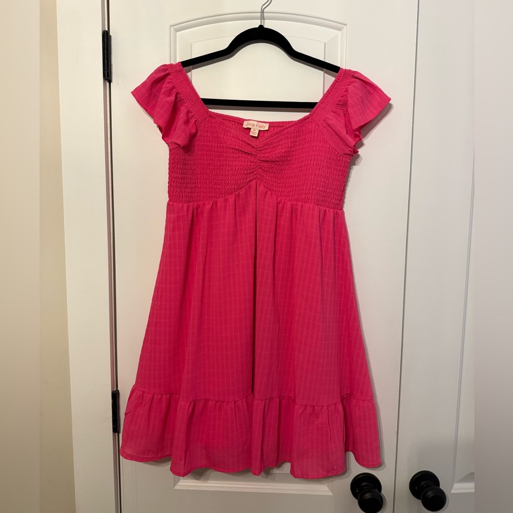 Girls Bright Pink Ruffle-Sleeve Casual Dress